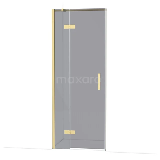 Glasene Duschtür mit goldfarbenen Scharnieren und Haltegriff, ideal für einen modernen Badezimmerstil.