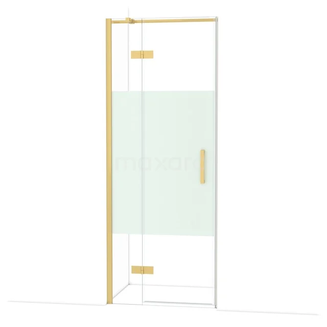 Glazen douchedeur met goudkleurig frame en handgreep, geschikt voor moderne badkamers.