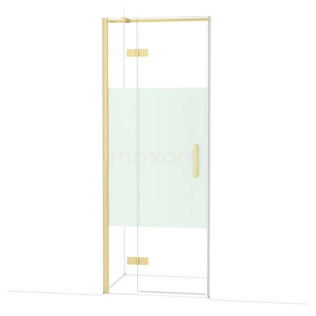 Glazen douchedeur met goudkleurige omlijsting, helder glas en mat deel, modern badkamerdesign.