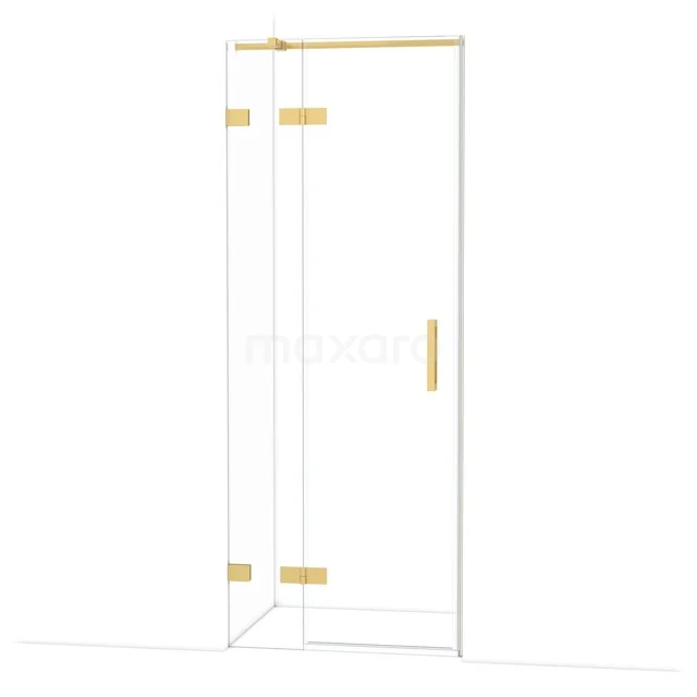 Glazen douchedeur met gouden scharnieren en handgreep, elegant design voor een stijlvolle badkamer.