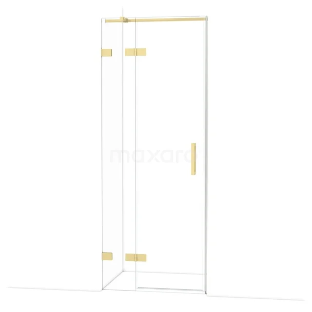 Glasene Duschtür mit goldenen Scharnieren, eckiges Design, ideale Ergänzung für ein modernes Badezimmer.