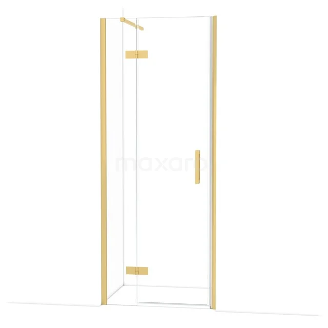 Glazen douchedeur met goudkleurig frame en scharnieren, stijlvol badkamerdesign voor luxe inrichting.