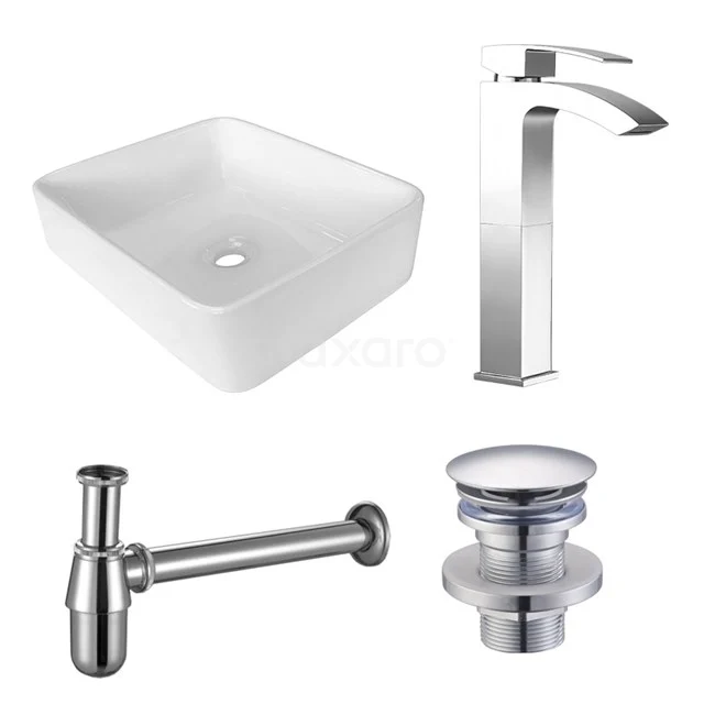 Weißes, quadratisches keramisches Waschbecken mit modernem Chromwasserhahn, Siphon und Ablaufstopfen; stilvolles Badezimmerdesign.