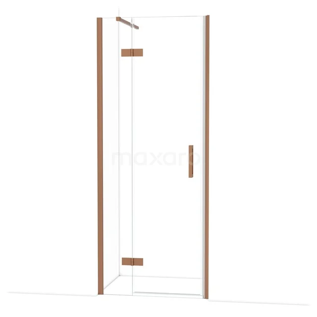 Douchedeur met hoekinstap, transparant glas, roségouden profielen, elegant ontwerp voor een luxe badkamer.