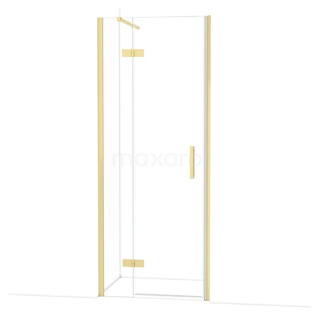 Douchecabine met goudkleurige accenten, hoekmodel met glazen wanden en strakke afwerking, perfect voor een luxe badkamer.