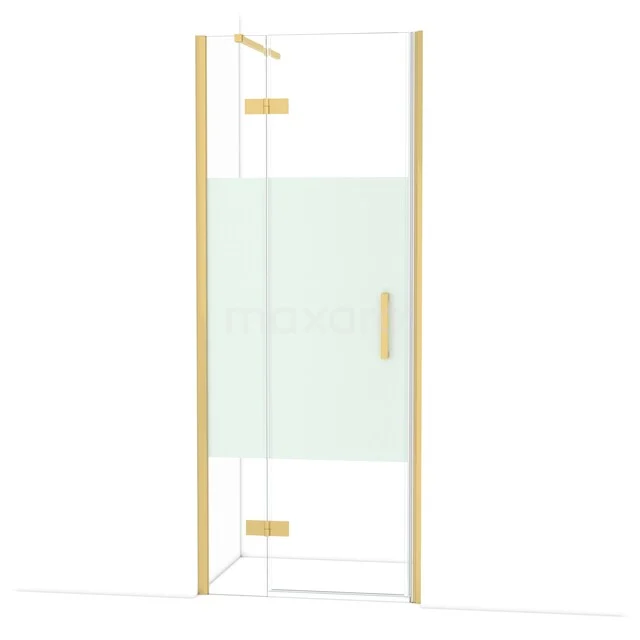 Glazen douchecabine in hoekvorm met goudkleurige accenten, frameloos design, ideaal voor een moderne badkamer.