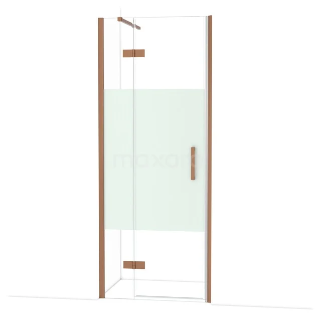 Douchedeur met koperkleurig frame, helder glas en mat paneel, ideaal voor een stijlvolle badkamer inrichting.