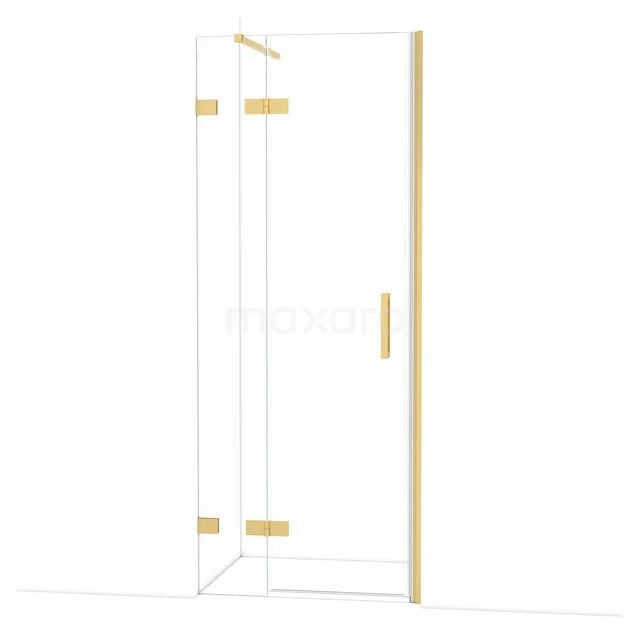 Gouden inloopdouche van glas met strak design, hoekopstelling en rechthoekige vorm, perfect voor een luxe badkamer.