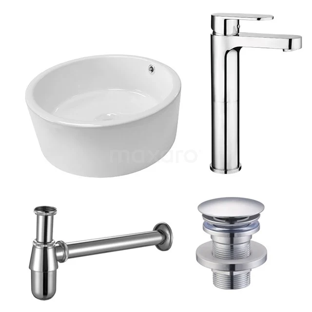 White ceramic basin set with chrome tap, siphon, and waste plugs; modern design for stylish bathroom decor.