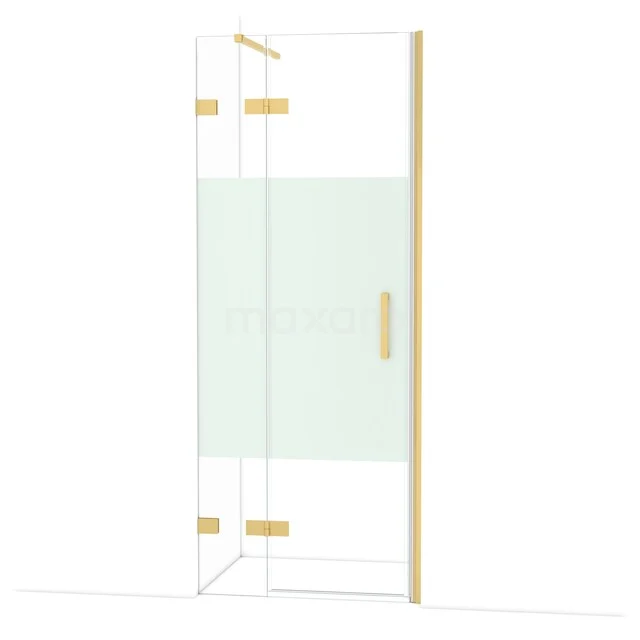 Glazen douchedeur met goudkleurige scharnieren en handgreep, matglas accent, perfect voor moderne badkamerontwerpen.