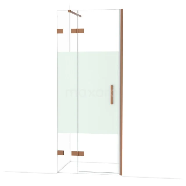 Glazen douchedeur met mat wit paneel, messing details en strak design, ideaal voor een moderne badkamer.