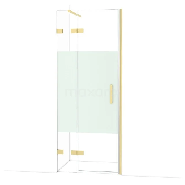 Goldene Eck-Duschkabine mit Klarglas und Milchglasstreifen, modernes Design für stilvolle Badezimmergestaltung.