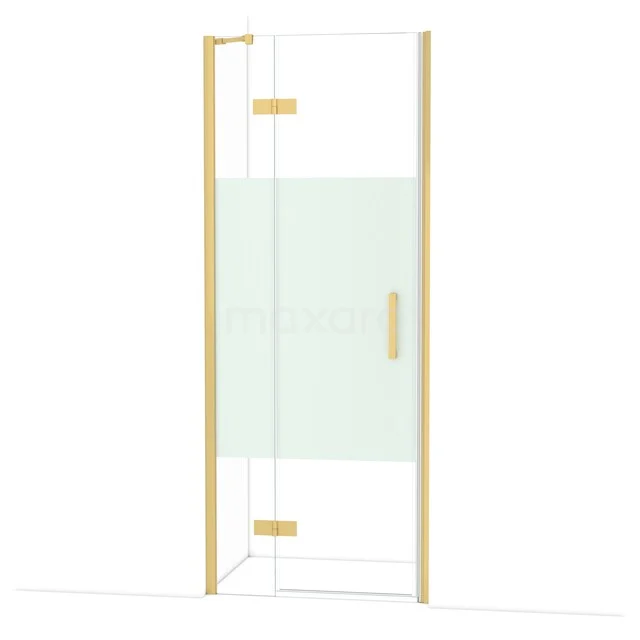 Glazen douchedeur met gouden scharnieren en handgreep, modern ontwerp, perfect voor een luxe badkamerinrichting.