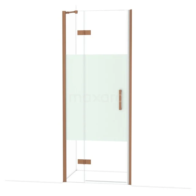 Duschtür mit kupferfarbenen Akzenten, Klarglas kombiniert mit mattem Muster, stilvolles Design für das moderne Badezimmer.