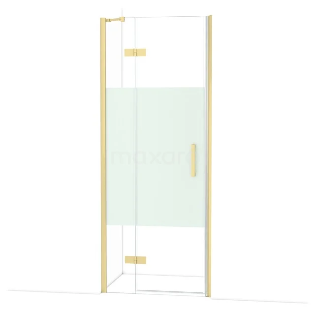 Glas Duschtür mit goldfarbenen Akzenten, mattem Privatsphärebereich und schlankem Design – ideal für moderne Bäder.