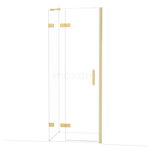 Duschtür mit goldfarbenen Scharnieren und Haltegriff, Klarglas, ideal für einen luxuriösen Badezimmerstil.