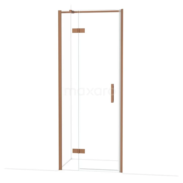 Douchedeur met hoekopening, helder glas en goudkleurig frame, ideaal voor een luxe badkamer inrichting.