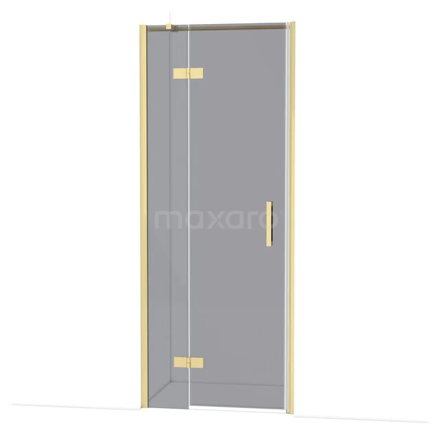 Goldene Duschtür mit Klarglas und Scharnieren, elegantes Design für ein modernes Badezimmer.