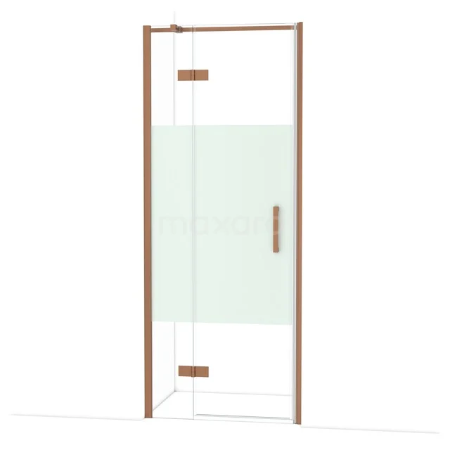 Glazen douchedeur met koperkleurig frame, matglasdetail en modern design, ideaal voor stijlvolle badkamerinrichting.