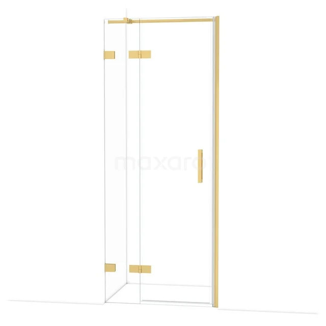 Duschtür mit Eckelement, goldfarbenes Profil, Klarglas, luxuriöses Design; ideal für ein modernes Badezimmer.