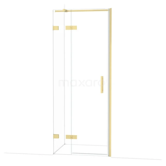 Glazen douchedeur met goudkleurig frame en scharnieren, luxe toevoeging aan een moderne badkamer.