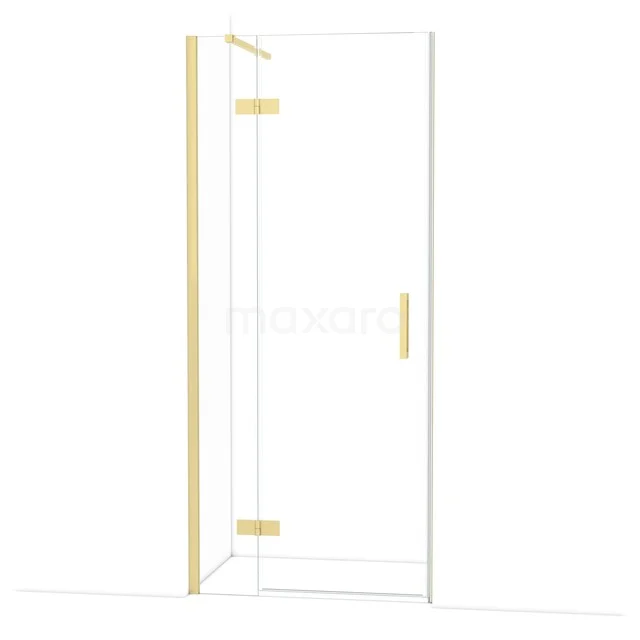 Glazen douchedeur met goudkleurige scharnieren en handgreep, perfect voor een moderne badkamer.