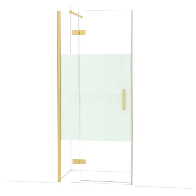 Douchecabine met goudkleurig frame, helder glazen deuren en matglas detail, perfect voor een luxe badkamerupgrade.