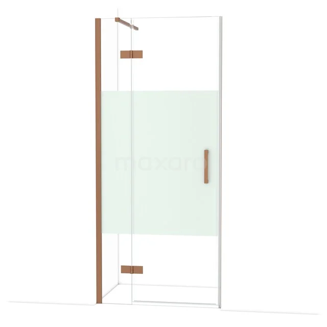 Diamond Douchedeur | 90 cm Koper Helder met matte strook Draaideur DDB21361113KP Glazen douchedeur met mat privacyvlak, koperkleurige scharnieren en handgreep, ideaal voor een moderne badkamer.