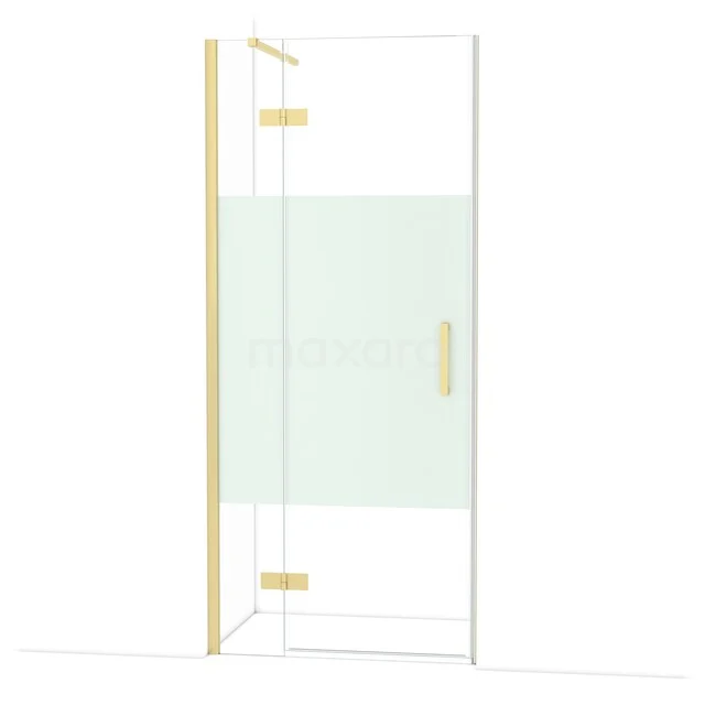 Diamond Douchedeur | 90 cm Lichtgoud Helder met matte strook Draaideur DDB21361113LG Douchedeur met goudkleurige accenten, deels matglas, modern design; elegant voor een luxe badkamer.
