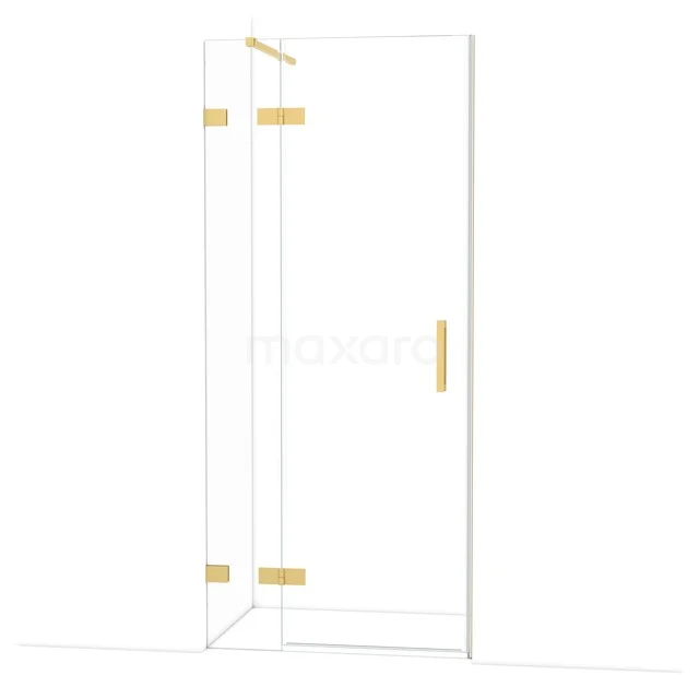 Glasene Duschtür mit goldfarbenen Scharnieren und Haltegriff, elegantes Design, perfekt für moderne Badezimmergestaltung.