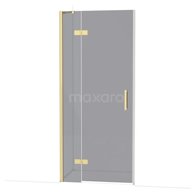 Duschtür aus Klarglas mit Messingscharnieren, rechter Haltegriff und modernem Design für eine stilvolle Badezimmer Einrichtung.