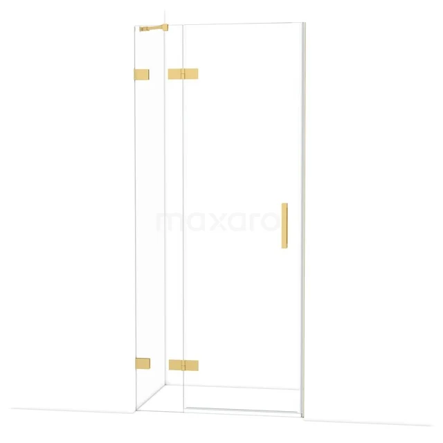 Duschtür mit Eckeinstieg, Klarglas und goldenen Scharnieren, perfekt als stilvolle Badezimmerlösung.