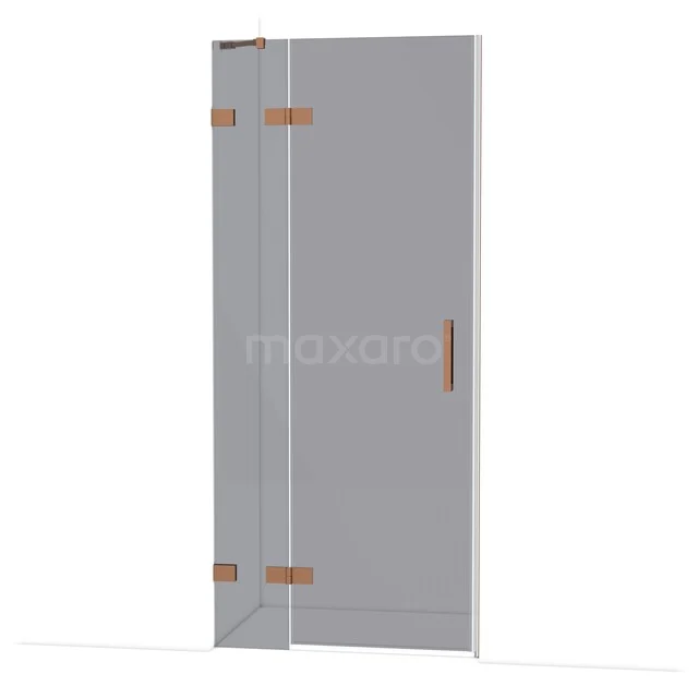 Diamond Shower door | 90 cm Copper Smoke glass Pivot door DDB21361221KP Douchedeur van helder glas met koperkleurige scharnieren en handgreep, elegant en functioneel voor een moderne badkamer.
