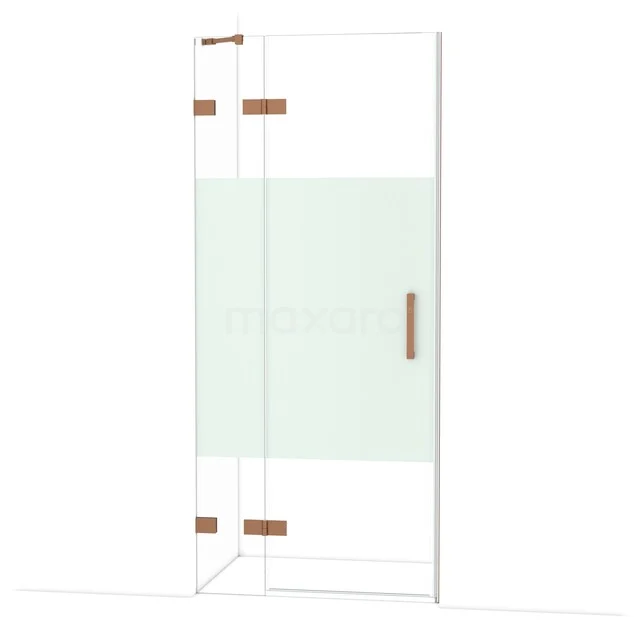 Diamond Shower door | 90 cm Copper Clear with matt strip Pivot door DDB21361223KP Glazen douchedeur met messing scharnieren en handgreep, mat glasstrook, ideaal voor een moderne badkamerinrichting.