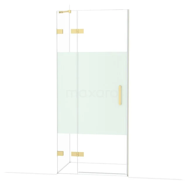 Glasene Duschtür mit goldenen Profilen und Scharnieren, mattes Mittelpaneel, ideal für einen modernen Badezimmerstil.