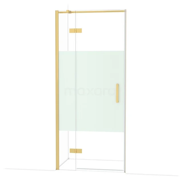 Goldene Duschtür mit Scharnieren, Klarglas und mattem Mittelpaneel, ideal für einen modernen Badezimmerstil.