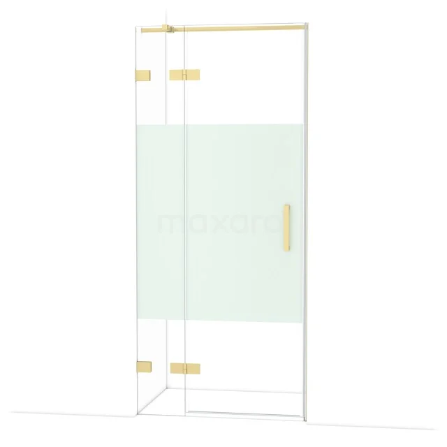 Diamond Shower door | 90 cm Light gold Clear with matt strip Pivot door DDB21361323LG Glazen douchedeur met gouden scharnieren en matglasdetails, ideaal voor een moderne badkamerstijl.