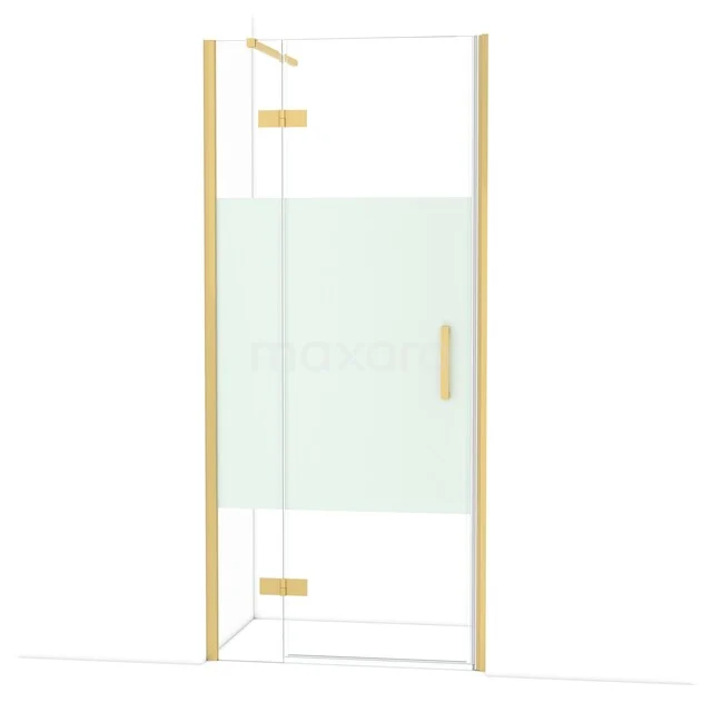 Goudkleurige hoekdouchecabine met helder glas en mat wit paneel, modern badkamerdesign met minimalistische afwerking.