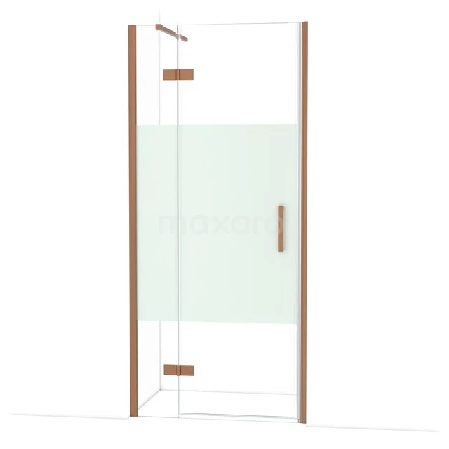 Douchedeur met koperkleurig frame, helder glas en mat witte band, ideaal voor een moderne badkamer inrichting.