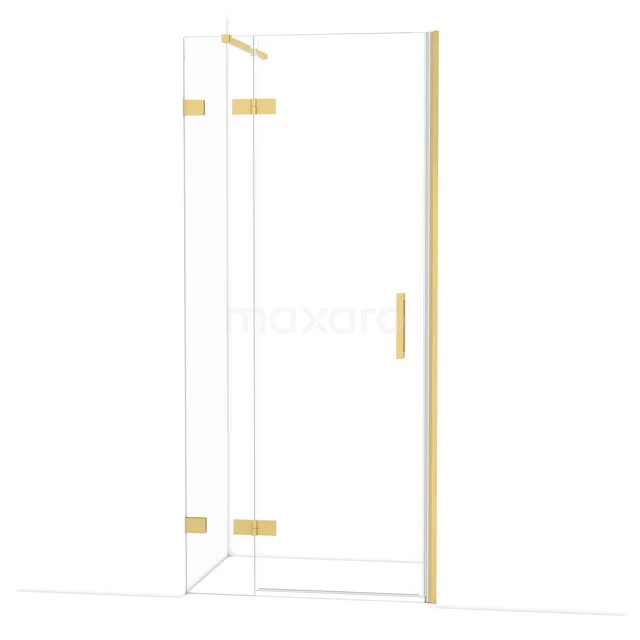 Gouden douchedeur met helder glas, hoekmodel, luxe afwerking; stijlvol badkamerdesign voor een moderne uitstraling.