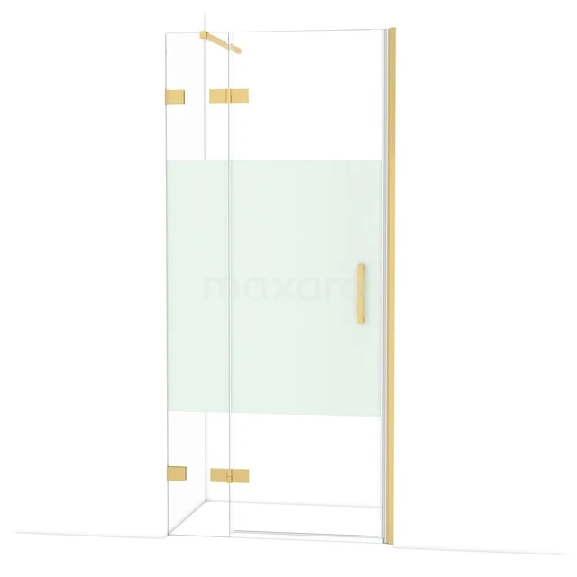 Duschwand mit goldfarbenen Akzenten, klappbaren Glastüren und matt weißen Paneel, ideal für ein luxuriöses Badezimmerdesign.