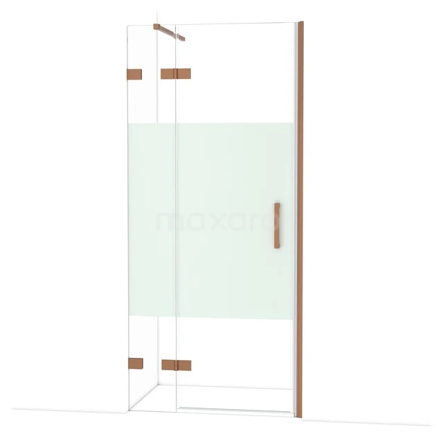 Glasene Duschwand mit Kupferakzenten, mattem Paneel und Drehtür, perfekt für einen modernen Badezimmerstil.