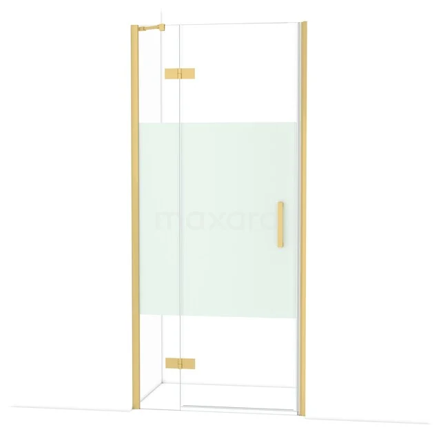Glass shower door with gold-coloured frame, partly frosted glass, perfect for a modern bathroom style.