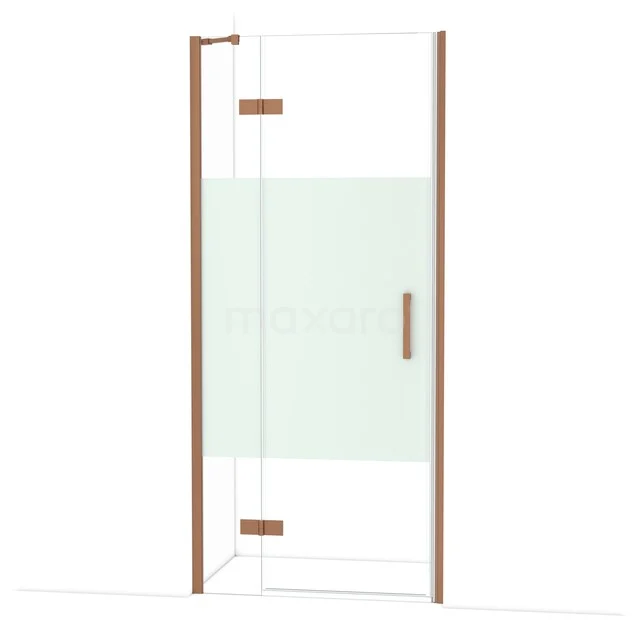 Diamond Shower door | 90 cm Copper Clear with matt strip Pivot door DDB21362213KP Glazen douchedeur met messing scharnieren en handgreep, deels matglas design, ideaal voor een stijlvol badkamerinterieur.