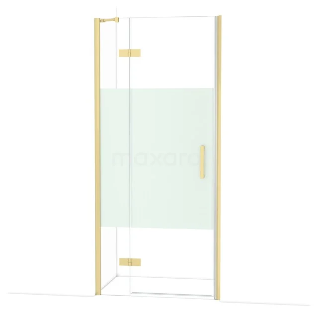 Glasdouchedeur mit goldfarbenem Rahmen und Haltegriff, ausgestattet mit mattem Glaspaneel für stilvolle Badezimmergestaltung.