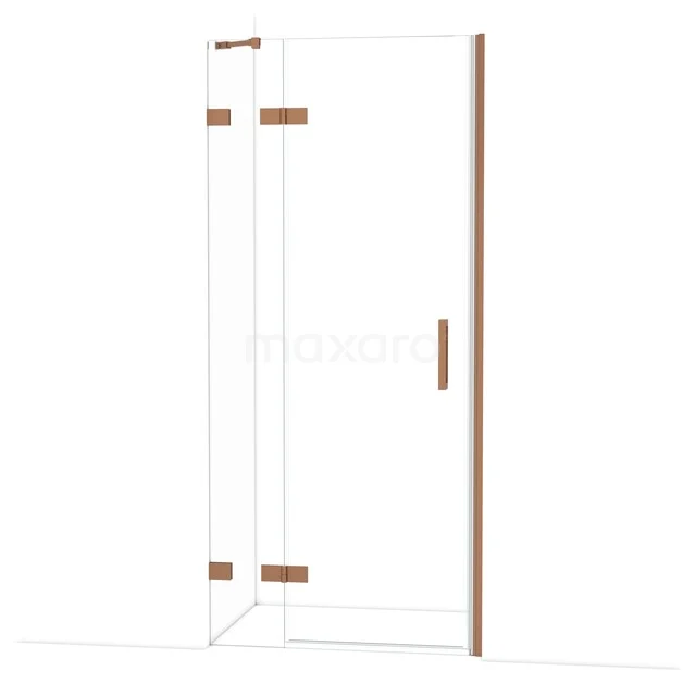 Glazen douchewand met messing accenten, hoekdesign en draaideur, ideaal voor stijlvolle badkamerinrichting.