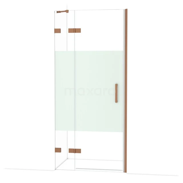 Glazen douchedeur met mat privacypaneel, messing scharnieren, en stijlvol handvat voor een moderne badkamer inrichting.