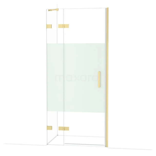 Diamond Shower door | 90 cm Light gold Clear with matt strip Pivot door DDB21362223LG Glazen douchewand met goudkleurige scharnieren, mat wit paneel en modern design voor een stijlvolle badkamer.
