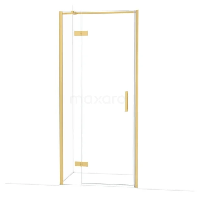 Diamond Douchedeur | 90 cm Goud Helder glas Draaideur DDB21362310GG Douchedeur met goudkleurig frame, hoekig ontwerp en glazen panelen, perfect voor een luxe badkamerstijl.