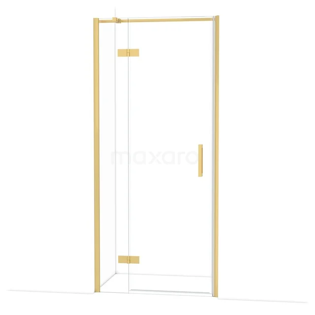 Duschtür mit goldfarbigem Rahmen, eckigem Design und Glaspanelen, perfekt für einen luxuriösen Badezimmerstil.